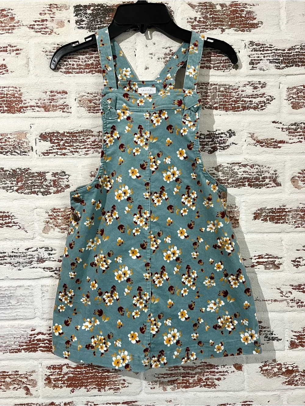 TAHARI Girls Size 7 Fine Corduroy Overall Dress Teal Floral